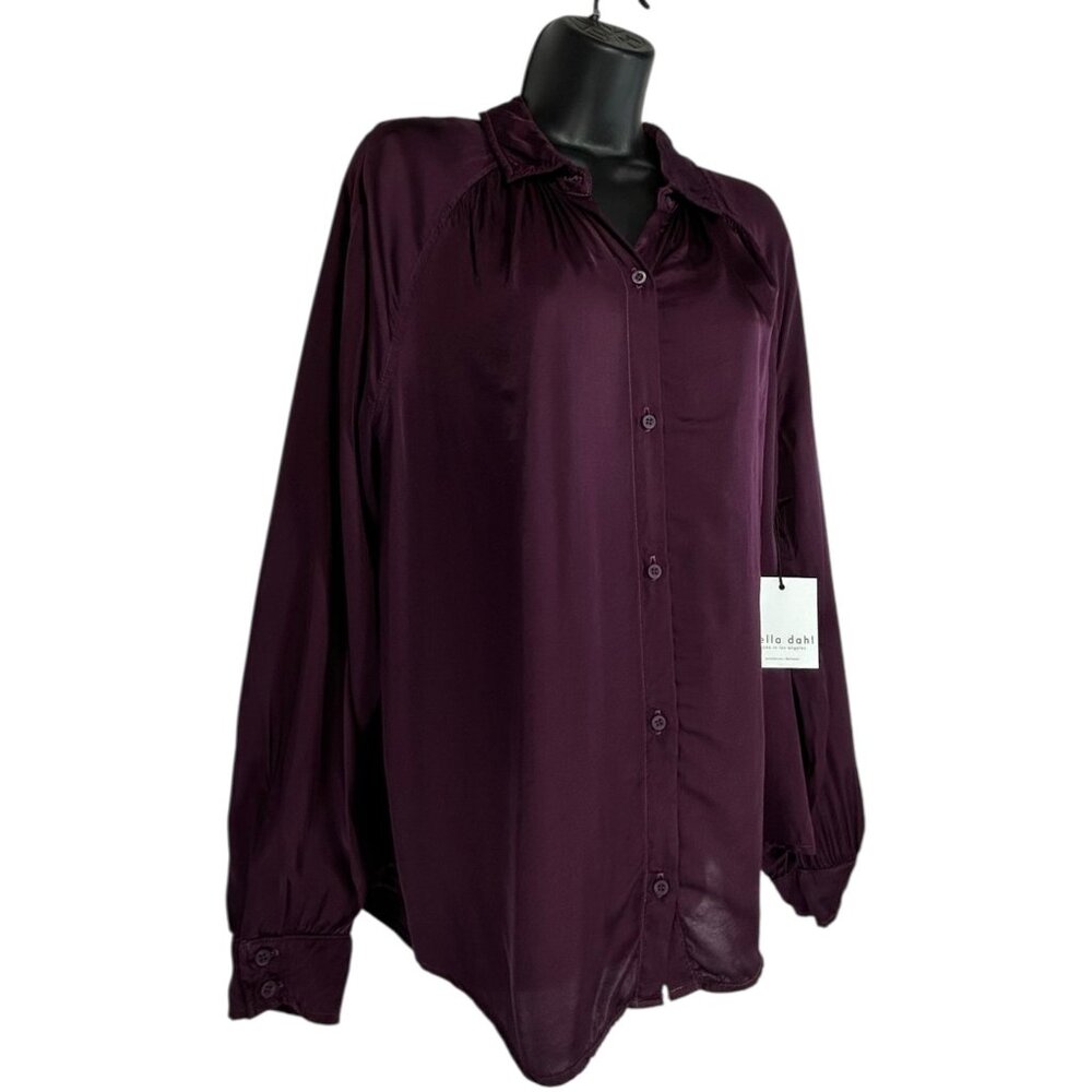 BELLA DAHL Oversize Shirt Sz M Wine Purple Silky Button Down Viscose Rayon Woven